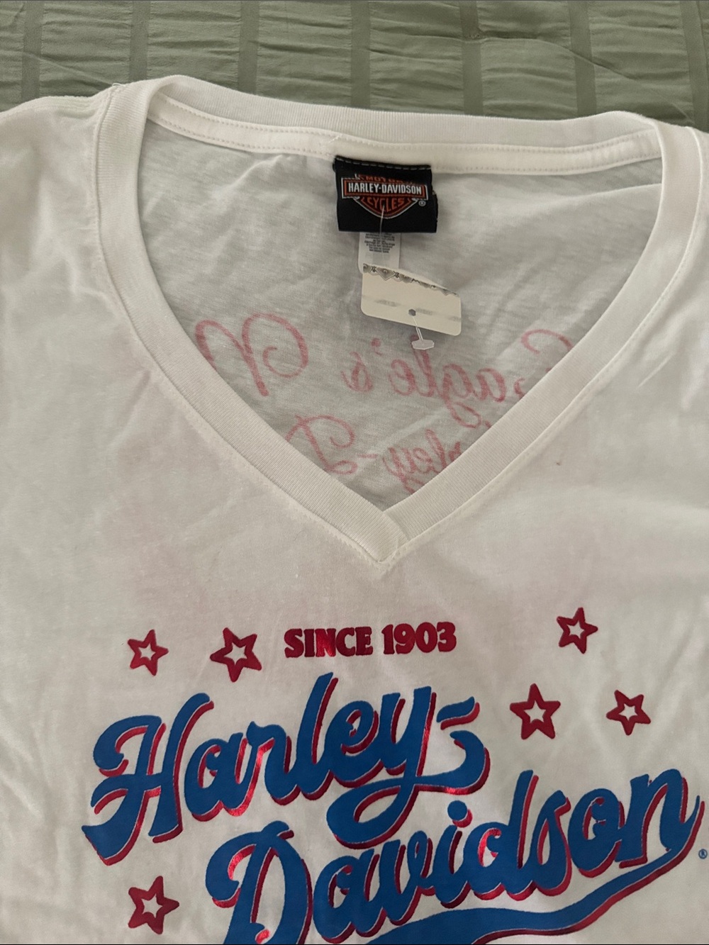 Harley-Davidson White V-Neck Tee with Blue & Red Script